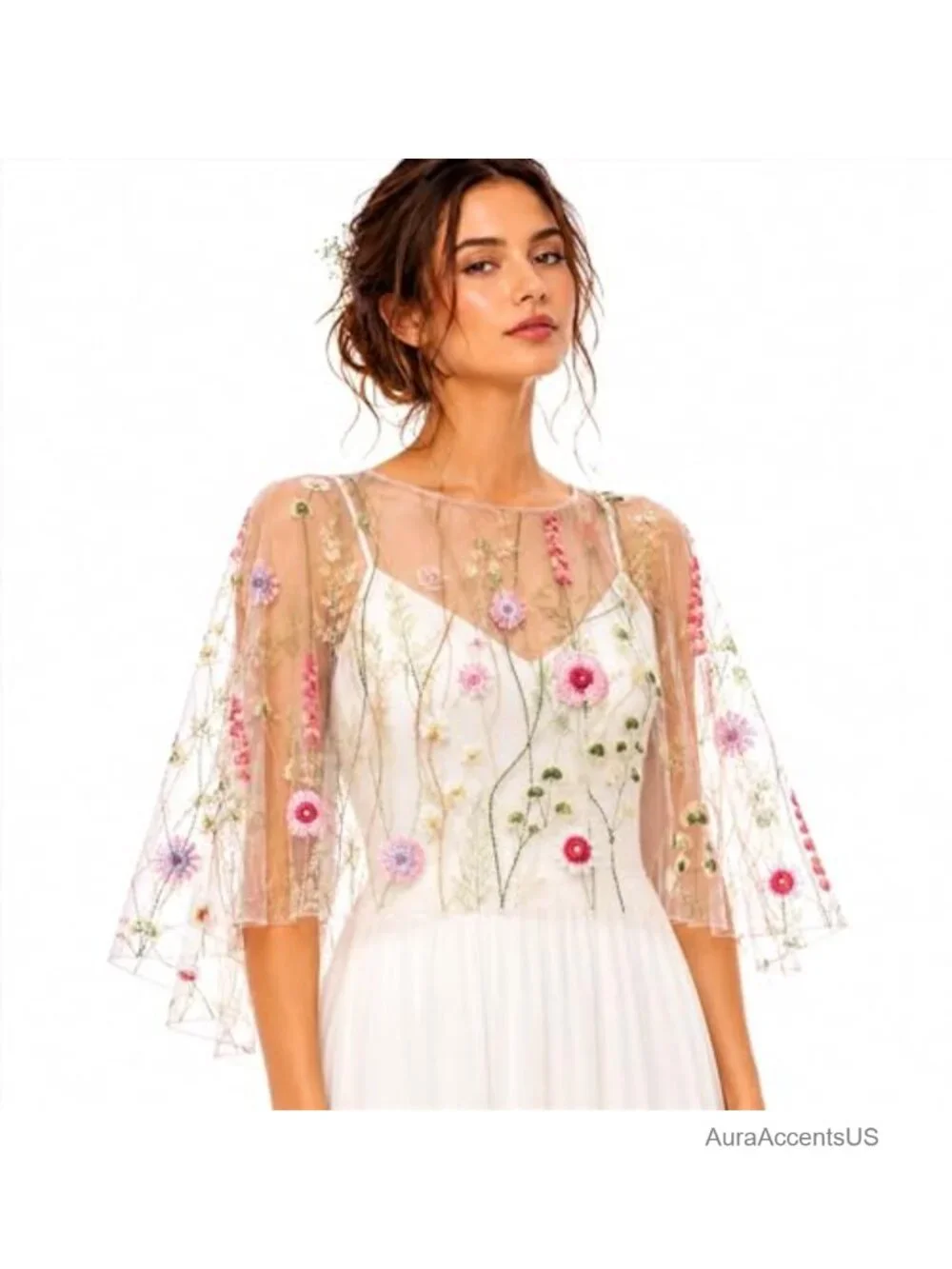 Embroidered Tulle Bridal Capelet, Boho Wedding Cape, Sheer Overlay, Lightweight